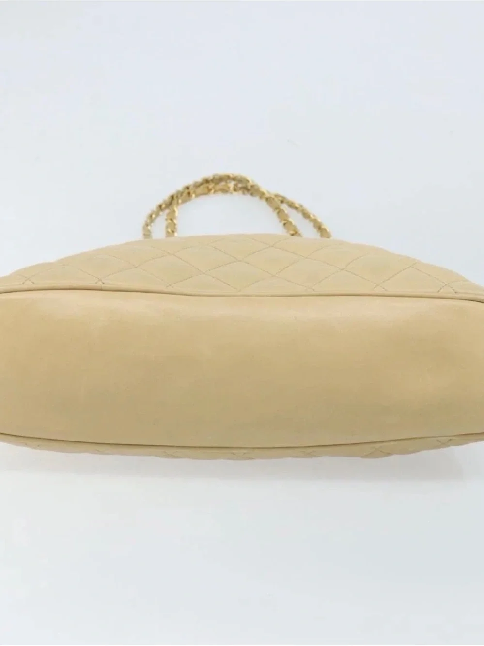 CHANEL Matelasse Chain Shoulder Tote Bag Lamb Skin Beige Gold CC Auth